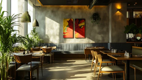 Sunlit modern restaurant interior with plants and art.