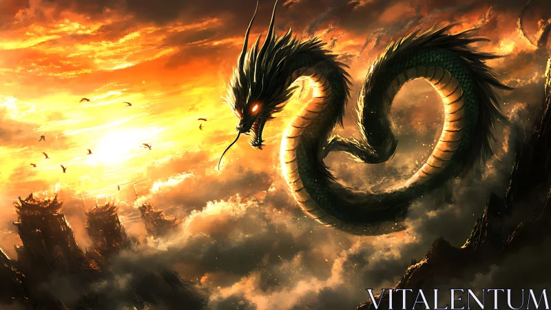 Sunlit sky serpent drifting above ember-tipped peaks.