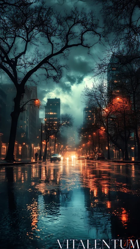 Moody cyberpunk city street under rain-soaked reflections.