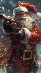 Dynamic gunslinger Santa rendered in high-energy digital paint.
