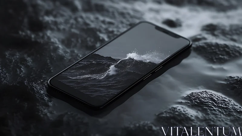 Water-resistant smartphone with ocean wave display on wet rock