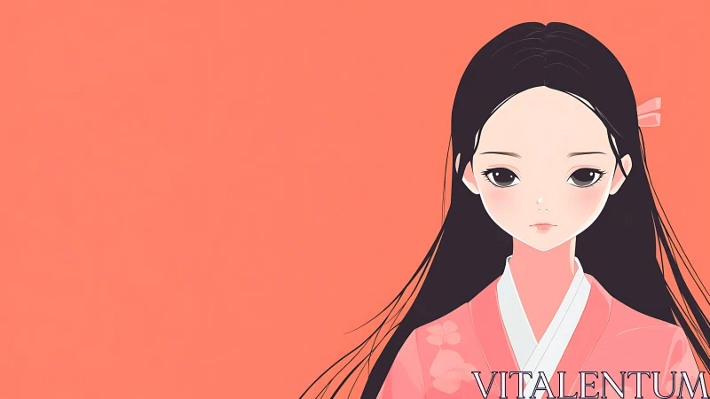 Elegant anime girl in traditional attire on coral background, minimalist.