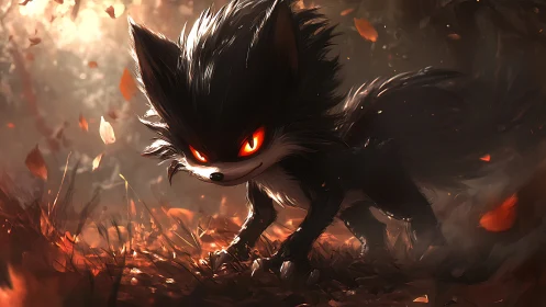 Ember-eyed shadow fox stalks through a storm of sparks.