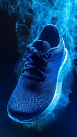 Blue athletic running shoe in stylized smoke lighting.