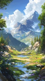 Sunlit mountain valley with a gentle stream and quiet trail.