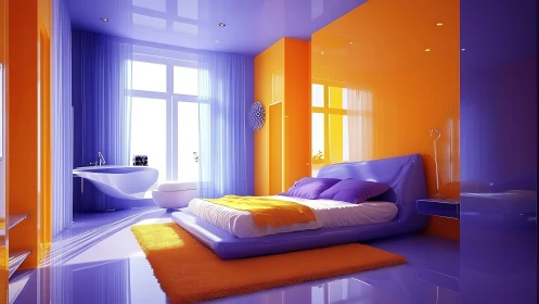 Vibrant orange violet bedroom with glossy modern surfaces.
