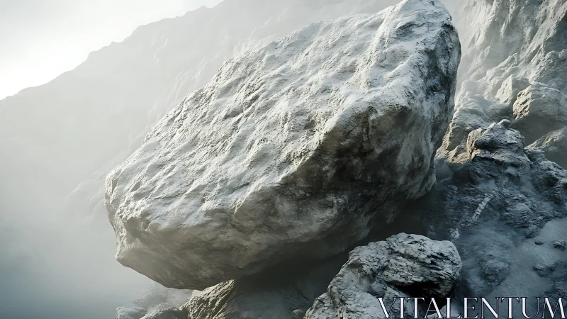 High-poly weathered boulder with volumetric fog and PBR shading