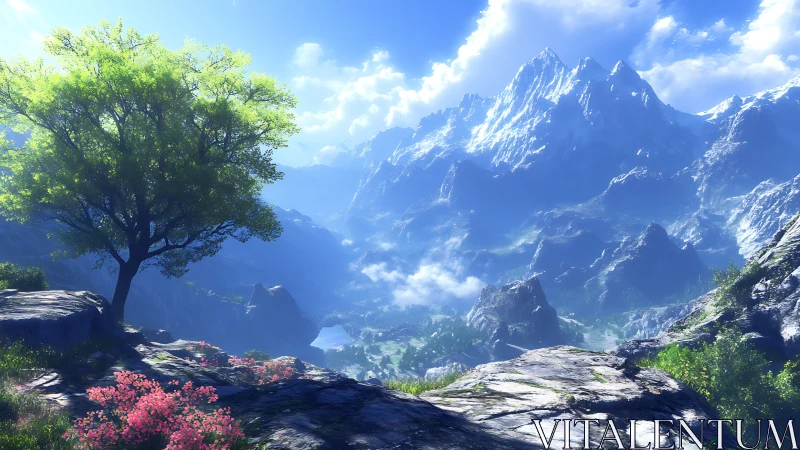 Sunlit mountain valley unfolds beneath solitary green tree.