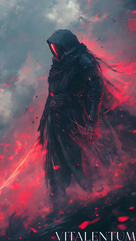 Hooded sci fi warrior with red energy blade in smoke.