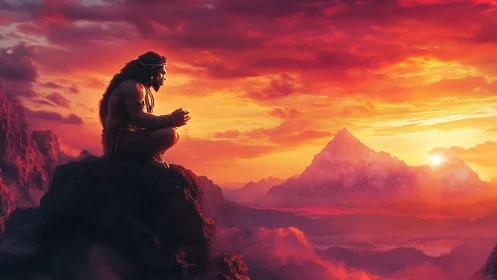 Digital painting of meditative warrior against sunset mountainscape.