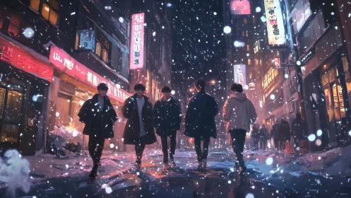 Snowlit neon drifts around five friends crossing midnight streets