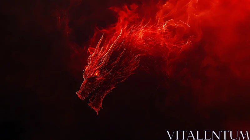 Digital painting of a red flame dragon head on black field.