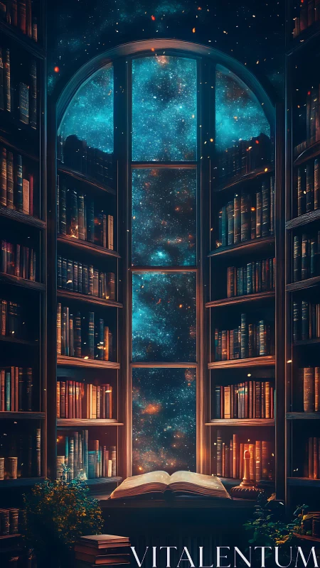 Spellbound library window into a star-swept midnight cosmos.