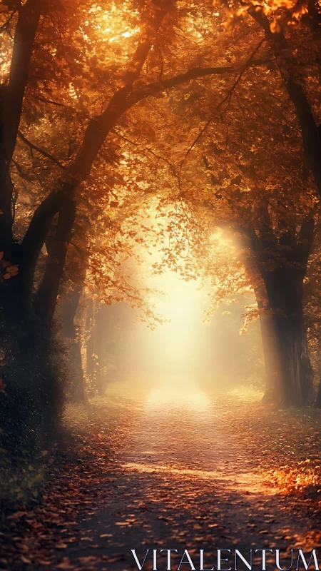 Golden forest corridor glows with soft ethereal sunrise light.
