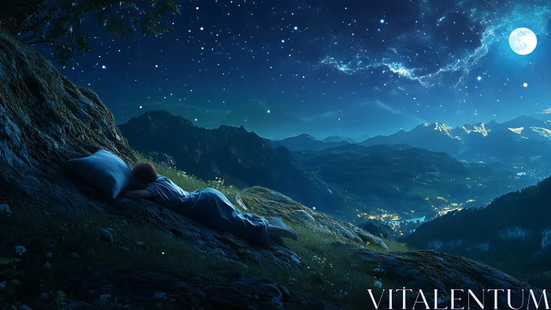 Digital painting of child stargazing above illuminated valley.