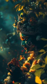 Divine blue deity prays in golden forest light and flowers