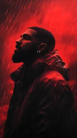 Man in profile stands in heavy rain under intense red light