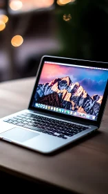 Mountain-lit laptop waits on a bokeh-kissed wooden desk.