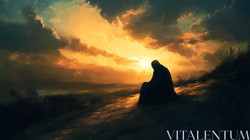 Solitary cloaked figure contemplates dawn beneath stormed sky