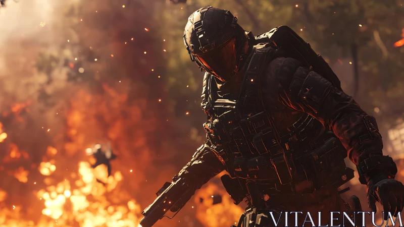 Armored tactical soldier moves forward amid heavy explosion