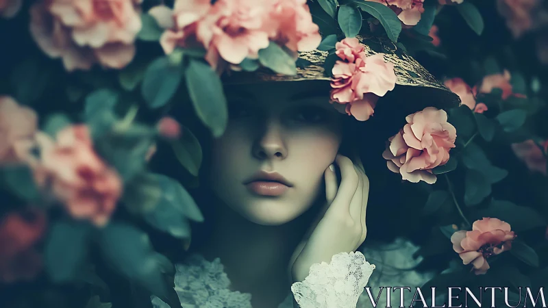 Soft-lit portrait of woman veiled in lush pink blossoms.
