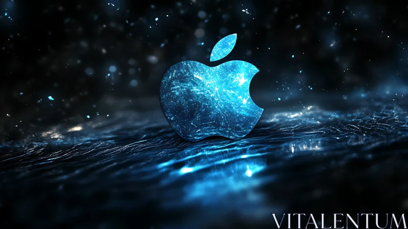 Blue luminous apple logo glows over wet reflective surface
