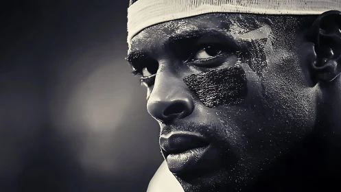 Monochrome close-up of athlete with eye black and headband.