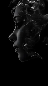Monochrome female profile fused with fluid smoke dynamics.