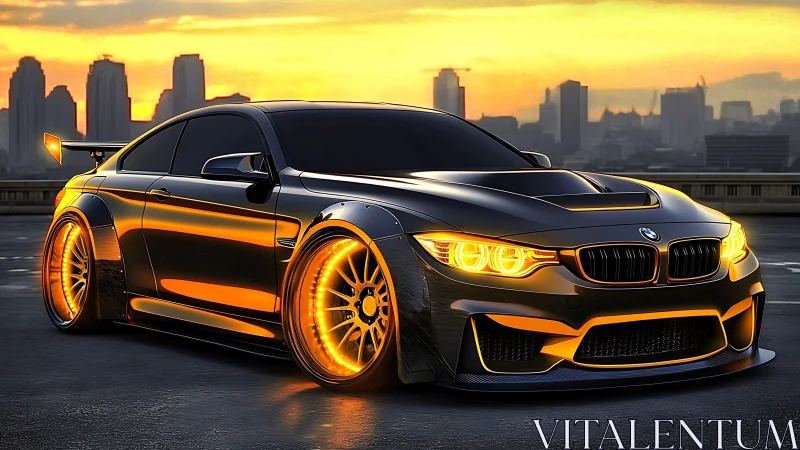 Futuristic black sports coupe glows with neon rims at sunset