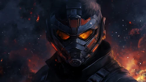 Fierce armored guardian with glowing ember eyes in firelit night.