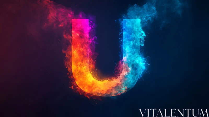 Bifurcated fiery and icy U letterform in volumetric plasma glow
