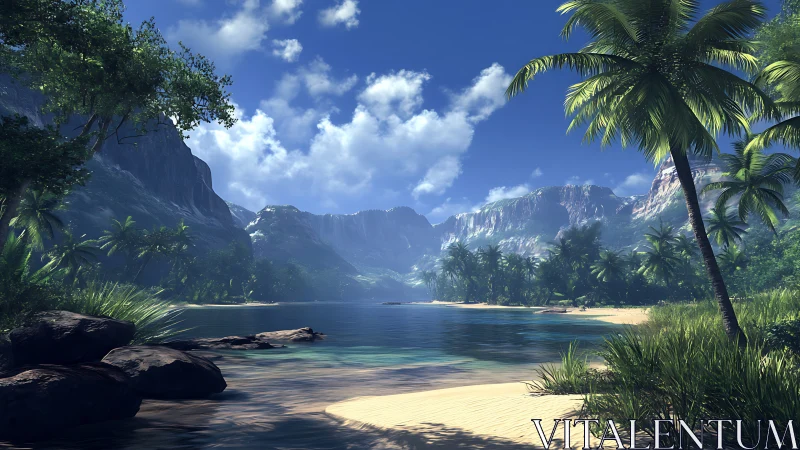 Alpine Lake Valley Paradise with Tropical Palms and Majestic Peak.