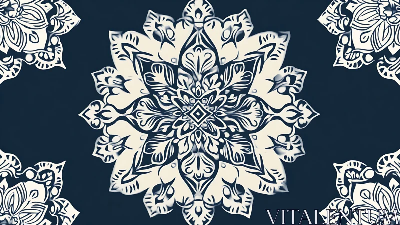 Elegant floral mandala blooms in soft cream and blue.