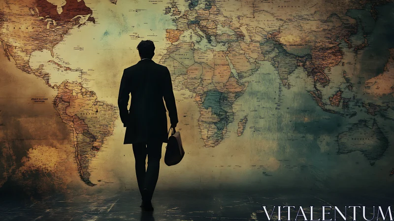 Business traveler silhouette walking before vintage world map.