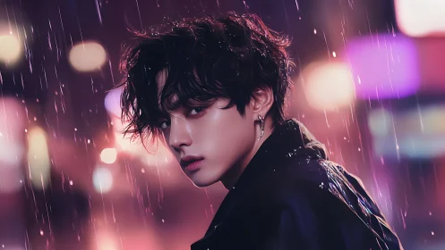 Moody young man in neon city rain at night portrait