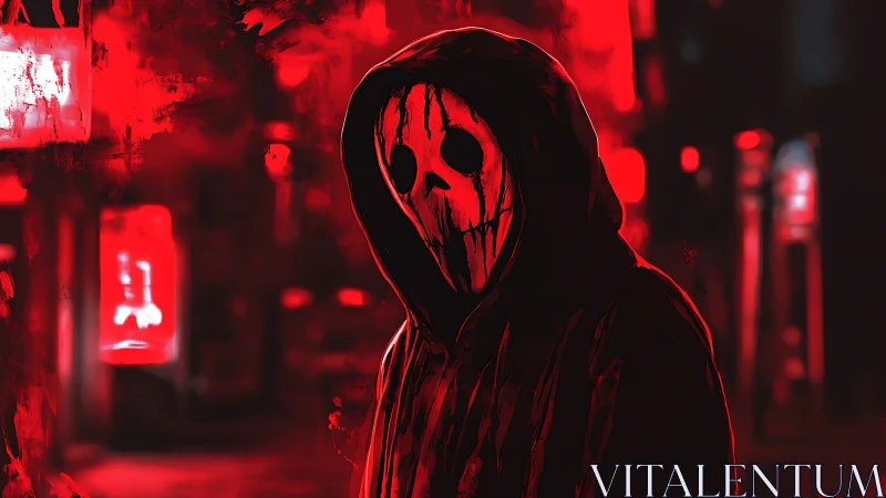 Bloodred hooded wraith stalks neon alleys of the sleepless city.