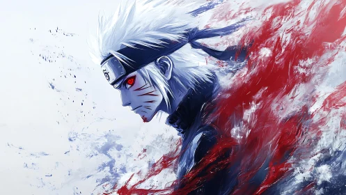 Fierce white haired warrior wrapped in swirling red energy.