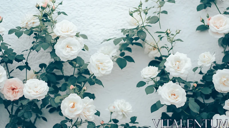 Cream Roses Against White Wall: Botanical Photography Study.