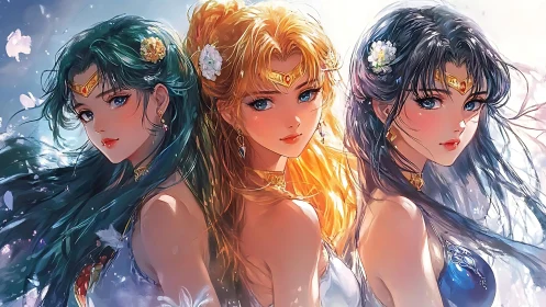 Three celestial warrior maidens gaze with radiant resolve