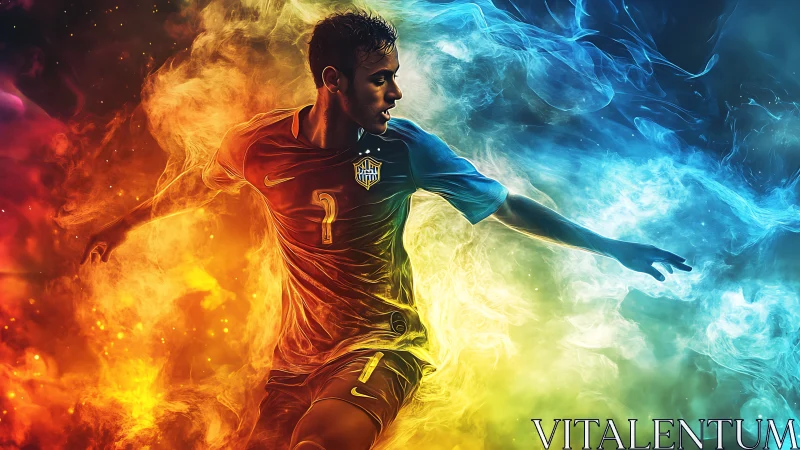 Digital soccer player silhouette in contrasting color smoke.