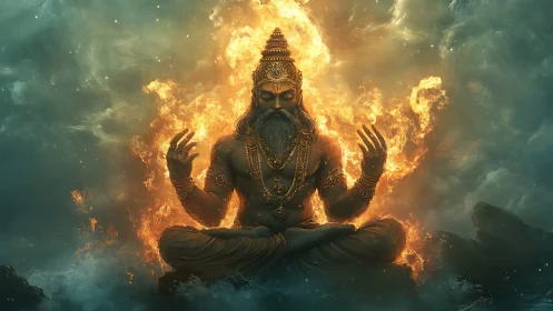 Fiery meditative deity surrounded by swirling storm clouds.