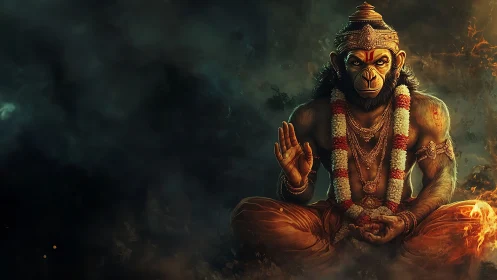 Divine simian yogi in seated mudra amid smoky firelit void