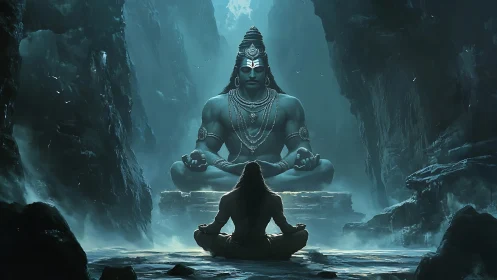 Silent cavern breathes while yogi communes with colossal deity