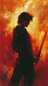 Backlit swordsman silhouette framed by turbulent infernal light