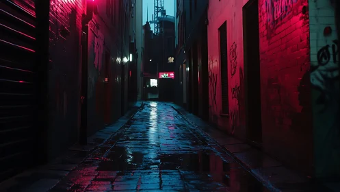 Neon reflections guiding a quiet walk down city backstreets.