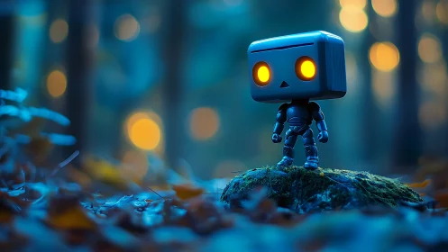 Miniature robot sentinel with emissive eyes surveys a blurred forest