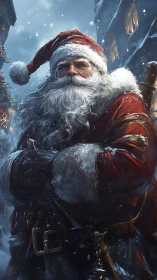 Santa figure in snowy nighttime street scene.