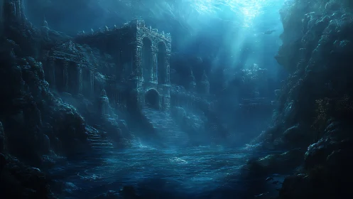 Silent blue ruins of a forgotten underwater kingdom.