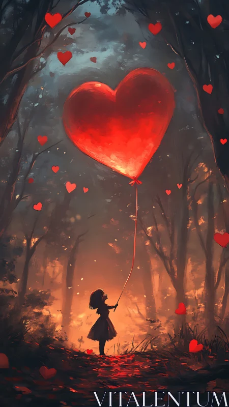 Child Holding Glowing Heart Balloon Among Forest Trees.