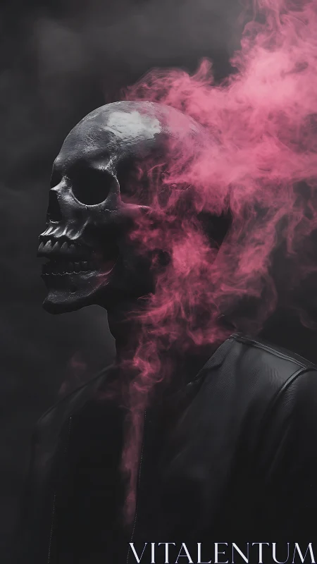 Pink spectral smoke spills from a leather clad midnight skull